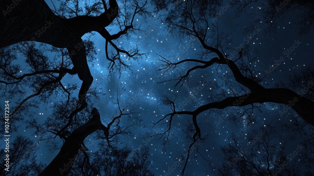 Poster starry sky over tree branches in 3d cartoon rendering