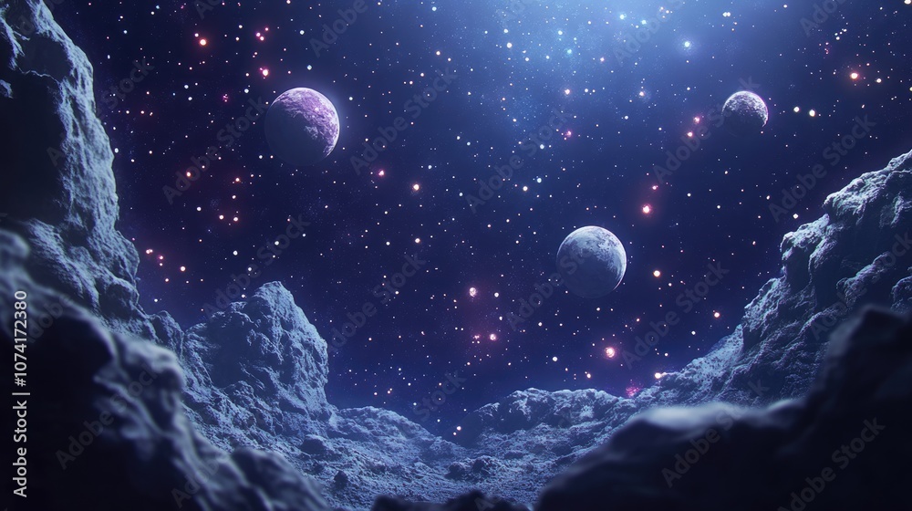 Poster 2D illustration in a 3D cartoon rendering style Cartoon drawing style featuring deep interstellar space with stars planets and moons Various imaginative science fiction backgrounds and space art C