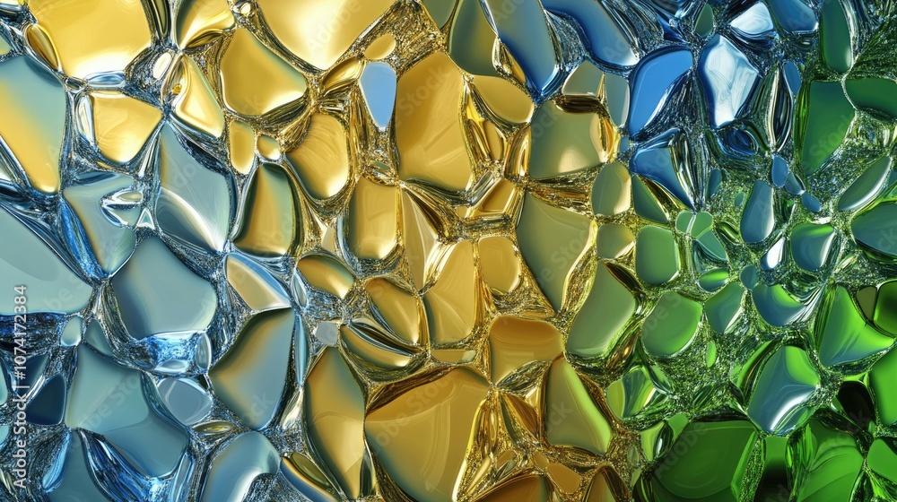 Poster artistic abstract glass textured background in blue green and gold colors depicted in a 3d cartoon r
