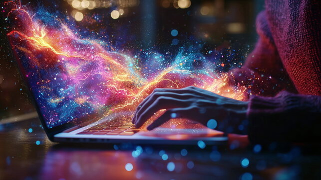 Abstract concept of digital creativity, featuring a cosmic explosion coming out of a laptop screen, representing the power of imagination.