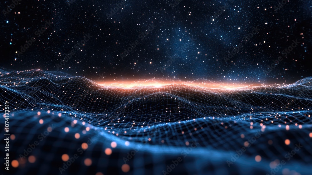 Aufkleber Abstract landscape depicted in a 3D cartoon rendering featuring a dark background with a star horizon cyberspace grid hi tech network and a starry outer space texture 3D illustration