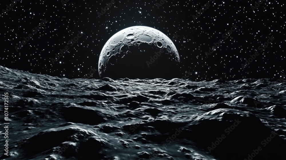 Poster gray moon and numerous stars on a black background in 3d cartoon rendering