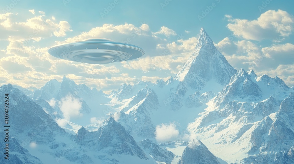 Poster ufo and space saucer flying over high mountains in a summer landscape depicted in 3d cartoon renderi
