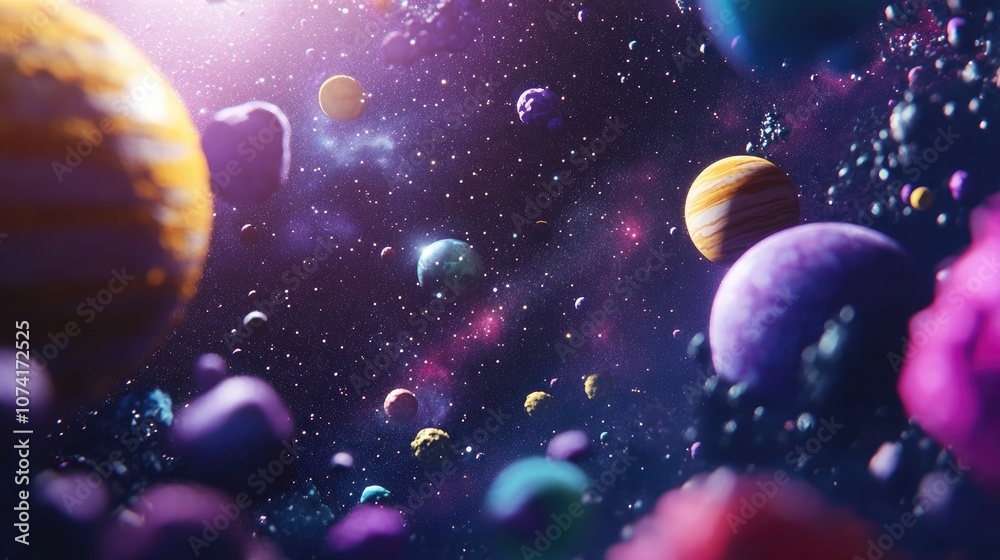 Leinwandbilder 2D illustration in a cartoon draw style featuring a 3D rendering Various science fiction creative backdrops set in deep interstellar space showcasing stars planets and moons Space art illustration