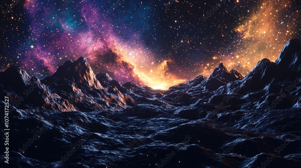 Poster cosmic landscape featuring a nebula in a 3d cartoon rendering
