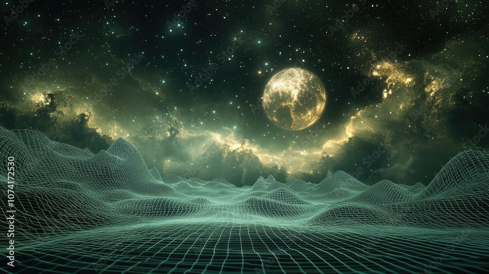 Aufkleber 3D illustration of an abstract landscape featuring a starry outer space texture set against a dark background with a cyberspace grid and high tech network elements