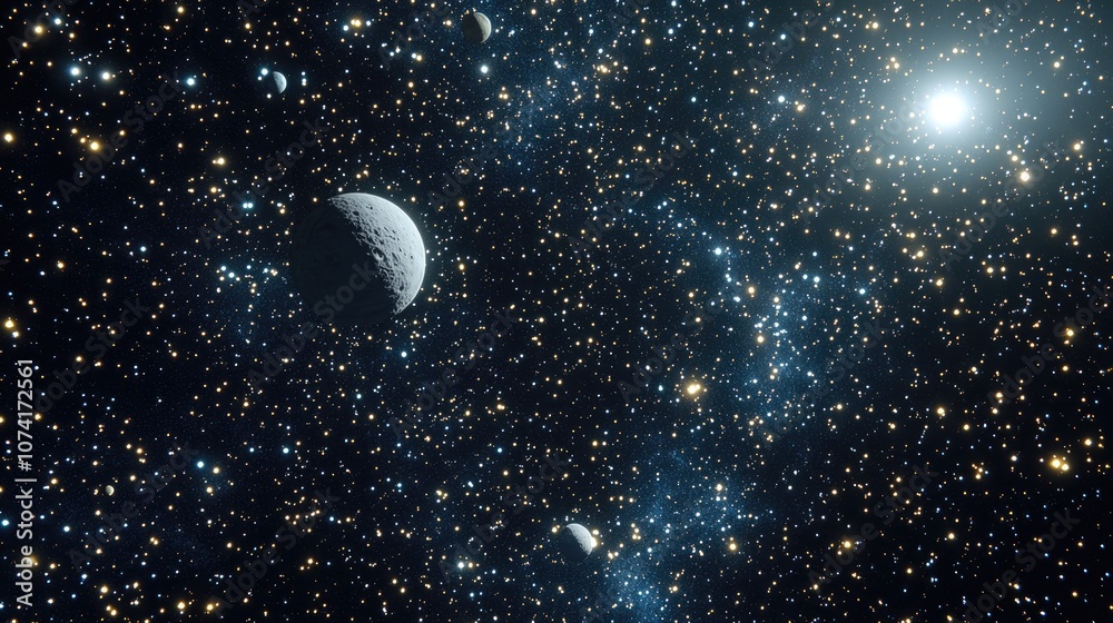 Aufkleber 2D illustration with a 3D cartoon rendering in a realistic star pattern background featuring deep interstellar space Bright stars planets and moons create various imaginative science fiction backd