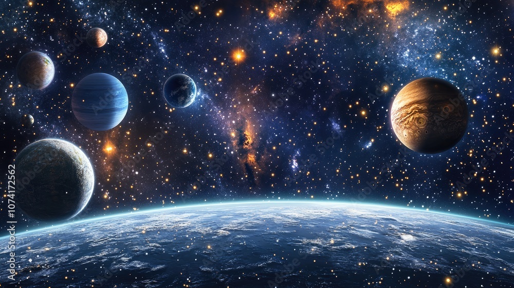 Poster 2d illustration featuring a cartoon space background with a vast expanse of deep space includes star