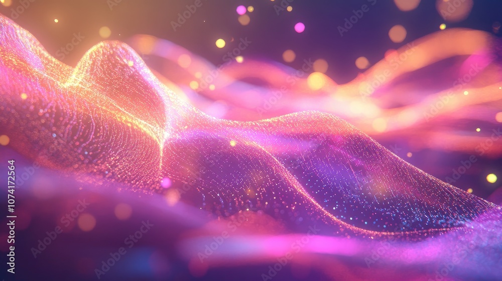 Poster 3D cartoon rendering of cosmic energy strings featuring flowing energy represented as thin bright elements that create structural fibers