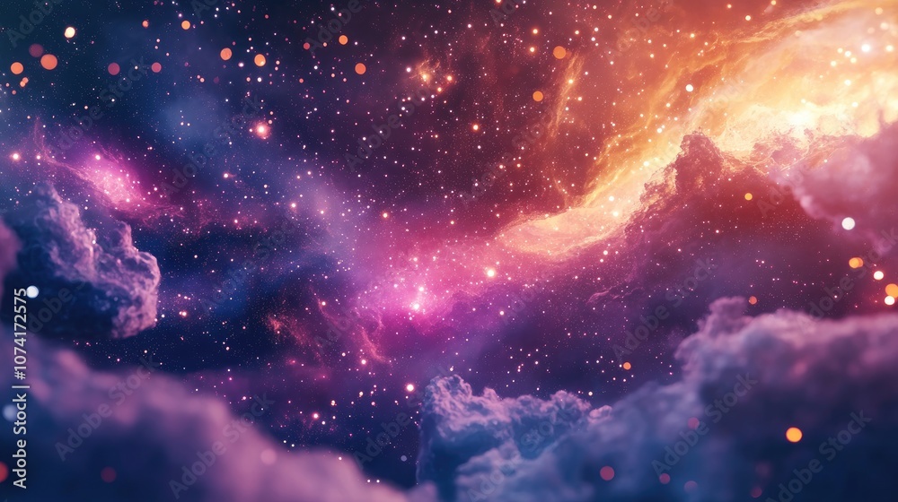 Poster Nebula and cluster of stars in deep space depicted in 3D cartoon rendering Science fiction art
