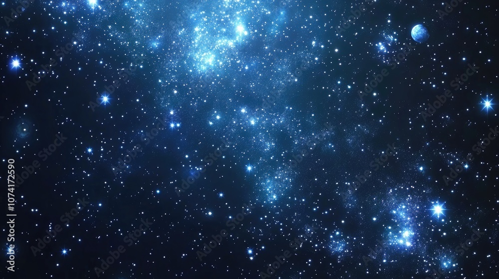 Poster 2D illustration in a 3D cartoon rendering style Bright stars flash against a realistic star pattern background in deep interstellar space Planets and moons create various science fiction inspired 