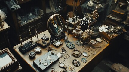 A cluttered antique table filled with trinkets, jewelry, and antique items, including a mirror, a small statue, and a candlestick.
