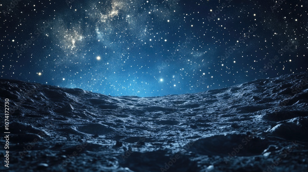 Poster curved horizon of a barren crater filled planet against a starry sky in 3d cartoon rendering evoking