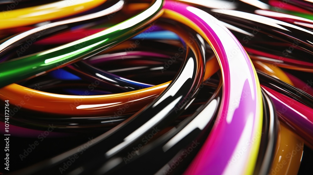 Fototapete Colored shiny lines on a black background in a 3D cartoon rendering