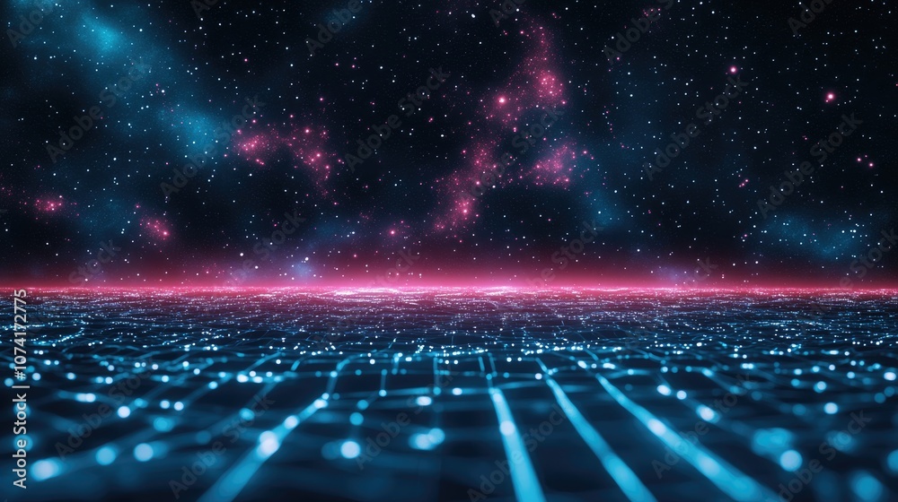 Poster abstract landscape in a 3d cartoon rendering against a dark background featuring a star horizon cybe