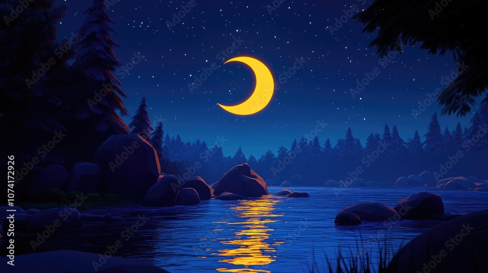 Poster crescent moon amid the stillness of the night in a 3d cartoon rendering