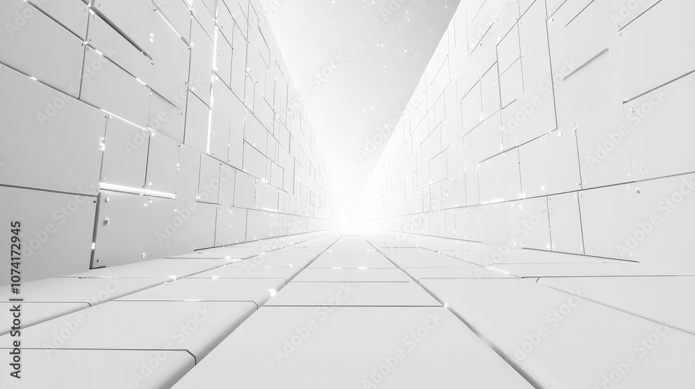 Fototapete White abstract background featuring a 3D cartoon rendering of a high tech network cyberspace grid and a starry outer space texture 3D illustration
