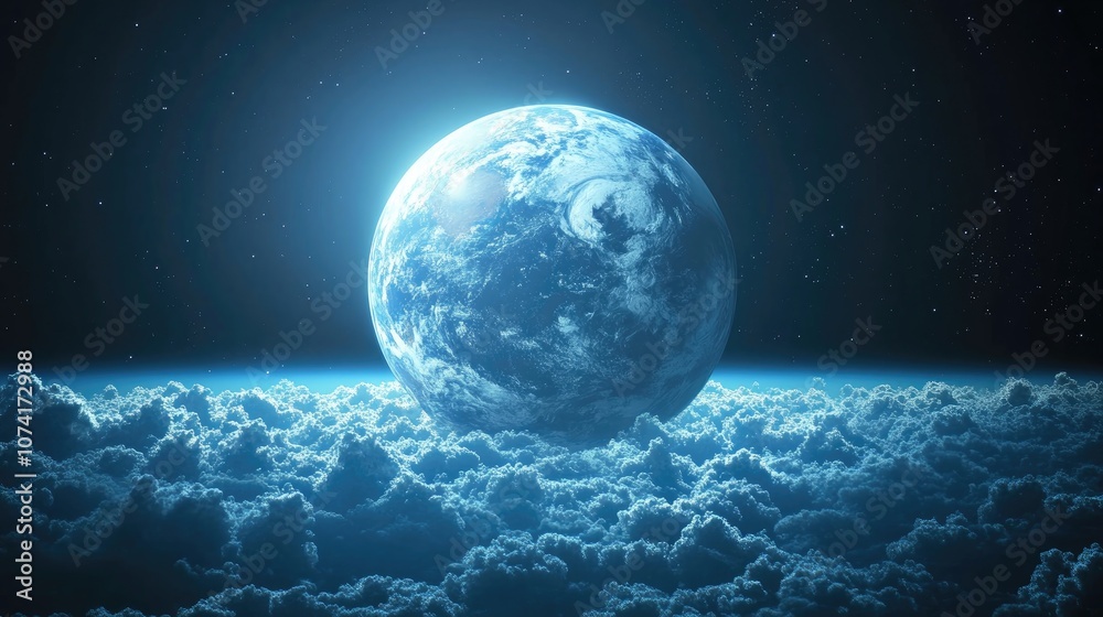 Poster Blue planet Earth covered with clouds viewed from space in a realistic 3D cartoon rendering at a great distance