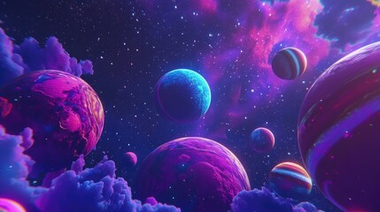 Cosmic space fantasy featuring planets and galaxy in a 3D cartoon rendering