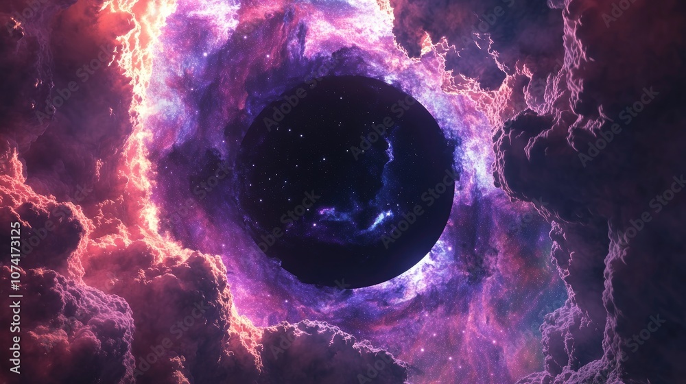 Poster 3d illustration featuring a black hole surrounded by colorful stars and cloud fields showcasing a ne