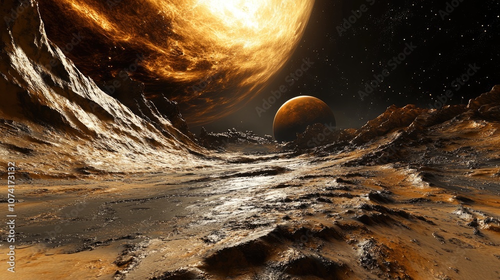 Poster science fiction wallpaper featuring a 3d cartoon rendering of a beautiful alien planet in deep space