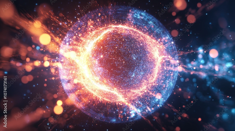 Leinwandbilder Cosmic sphere of moving particles in a 3D cartoon rendering Animation features a sphere of luminous particles that transforms into a spiral and fades away showcasing the transformation against a b