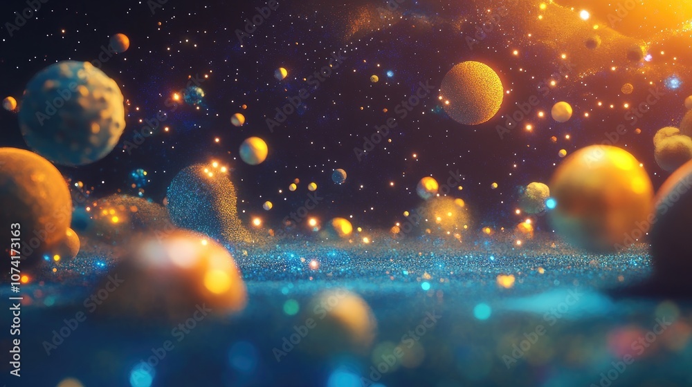 Poster 3D cartoon rendering showcasing stars within a galaxy set against a backdrop of empty space