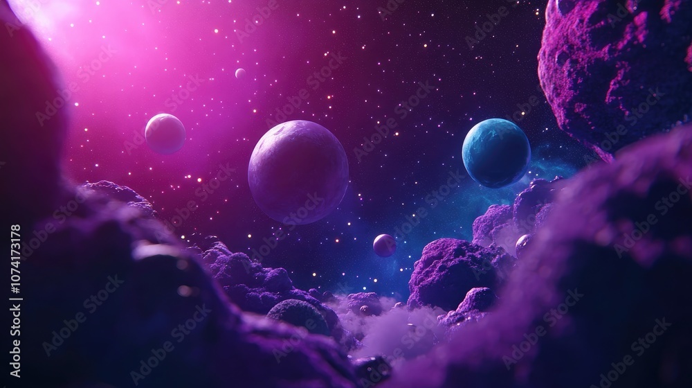 Poster 2d illustration with a cartoon cosmos background rendered in 3d featuring deep interstellar space wi