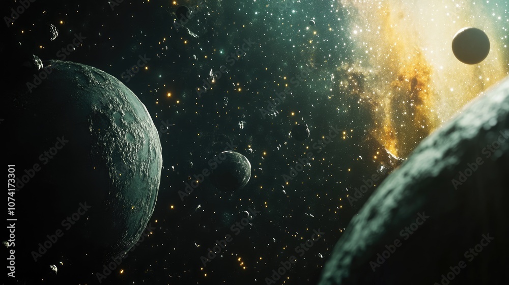 Poster 2d illustration of a 3d cartoon rendering cartoon image depicting deep interstellar space with stars