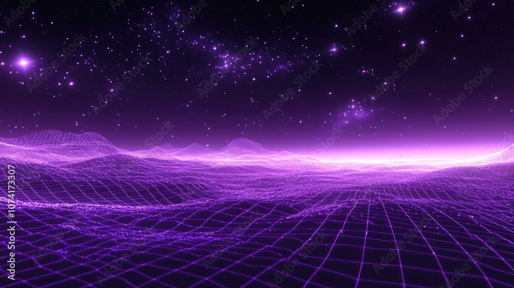Aufkleber Abstract ultraviolet landscape in a dark background featuring a 3D cartoon rendering of a purple cyberspace grid and a hi tech network along with a violet starry outer space texture Vertical image