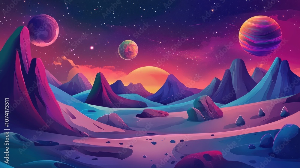 Poster 2d illustration in a 3d cartoon rendering style featuring deep interstellar space with stars planets