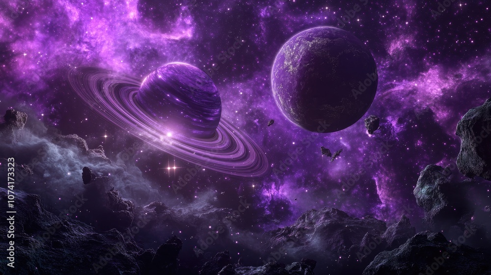 Poster purple fantasy sci fi space scene in 3d cartoon rendering computer artwork