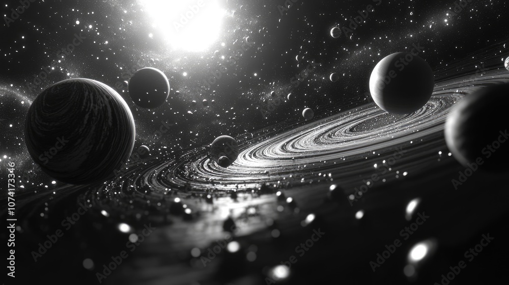 Aufkleber Depiction of the solar system galactic space and the universe in a 3D cartoon rendering with an abstract black and white background