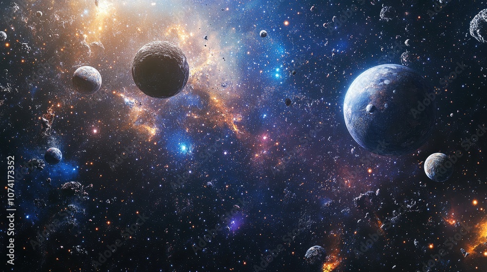 Poster 3D cartoon visualization of a 2D illustration featuring a realistic star pattern background An empty interstellar space with bright flashing stars planets and moons A variety of creative backdrops