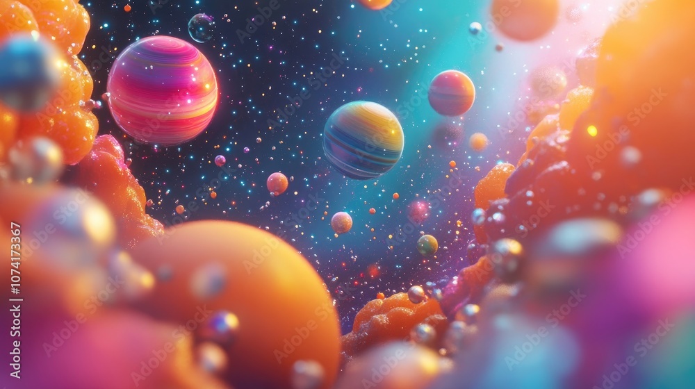 Fototapete Abstract background in a 3D cartoon rendering featuring shiny futuristic shapes wave illustrations and an explosion of stars alongside planets in a distant solar system