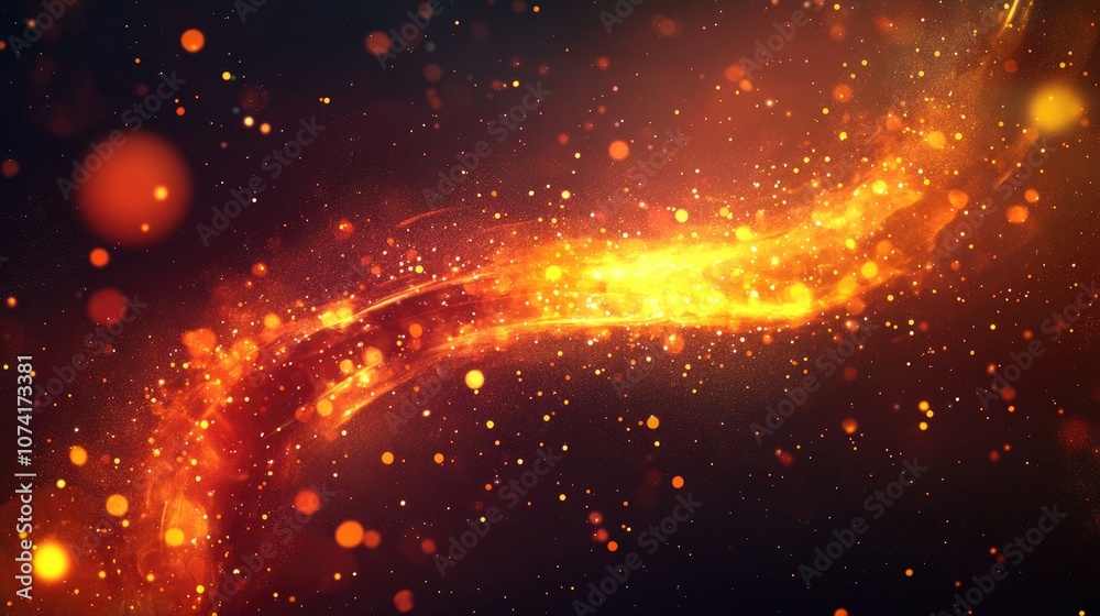 Poster Fire comet flying in 3D cartoon rendering featuring shining lights in motion alongside small particles and a plasma ring against a dark background Abstract design