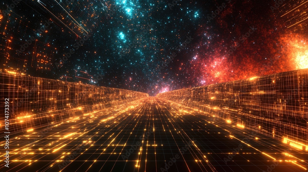 Poster Abstract landscape in a dark background featuring a cyberspace grid and hi tech network starry outer space texture depicted through 3D cartoon rendering