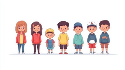Colorful Group of Cartoon Children Standing in a Row, Showcasing Diversity and Friendship in Playful Outfits, Including Boys and Girls, Smiling and Joyful Together