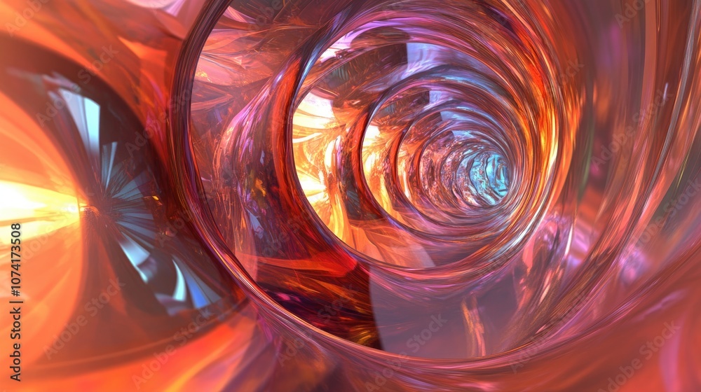 Poster 3D cartoon depiction of a translucent vortex featuring fractal elements lights and textures designed to enhance projects focused on science technology and design