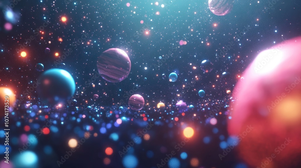Aufkleber 2D illustration in a 3D cartoon rendering style Background features a realistic star pattern in deep interstellar space Brightly flashing stars planets and moons create various imaginative science