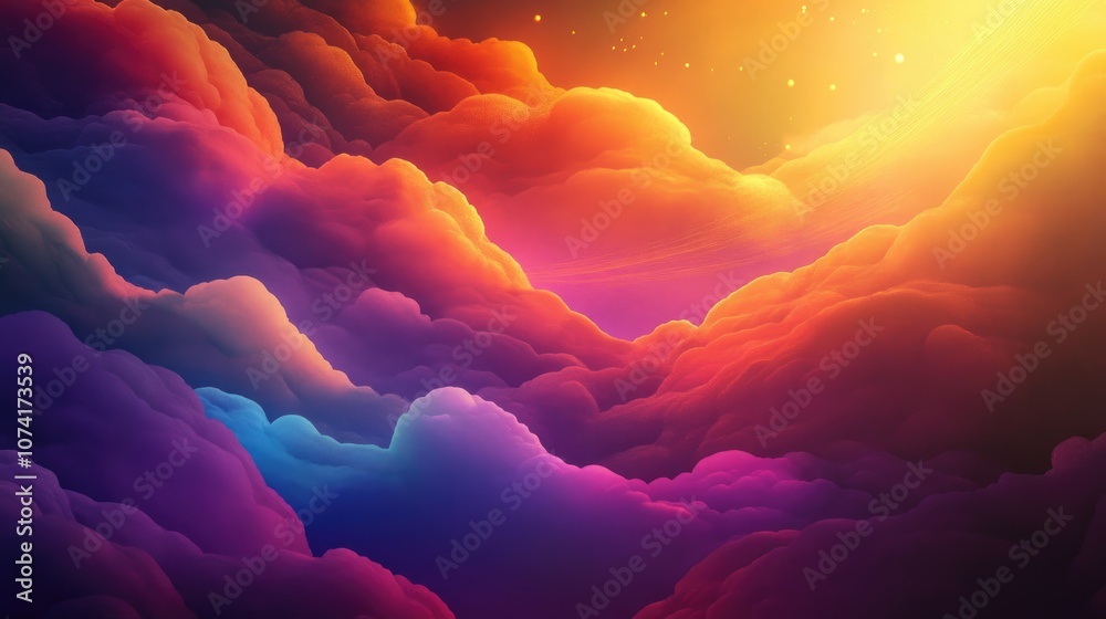 Poster colorful clouds and golden rays in a 3d cartoon rendering featuring a dark colored background and a 