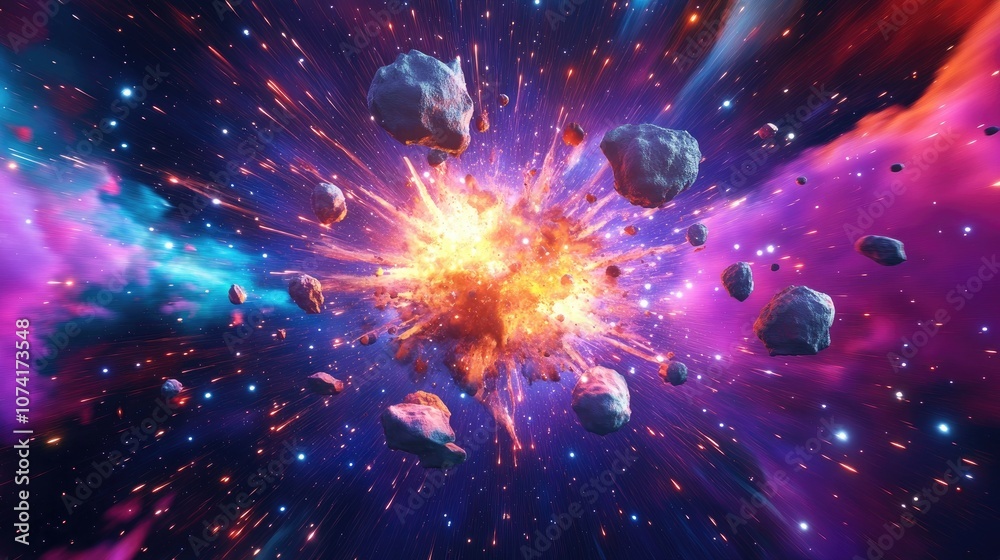 Poster Colorful abstract background image featuring a surreal explosion vibrant stars and asteroids in a 3D cartoon rendering of a space nebula 3D illustration