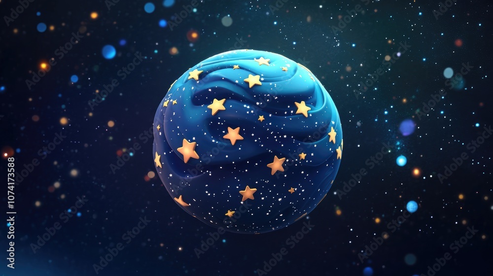 Fototapete 3d rendering of a cartoon sphere featuring stars and outer space elements