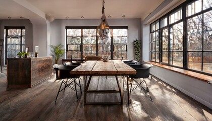 Spacious Industrial Dining Room with Raw Wood Table, Metal Chairs, and Large Windows