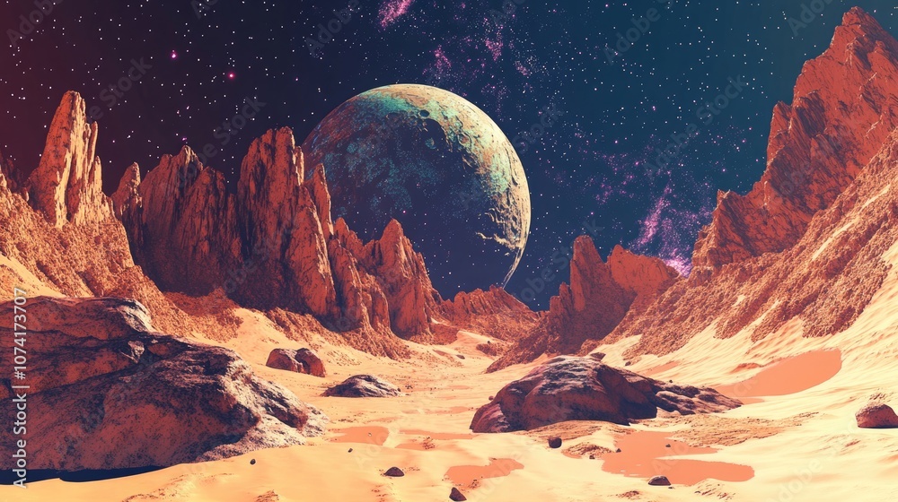 Poster 3d cartoon depiction of a desert planet resembling mars set against a cosmic background