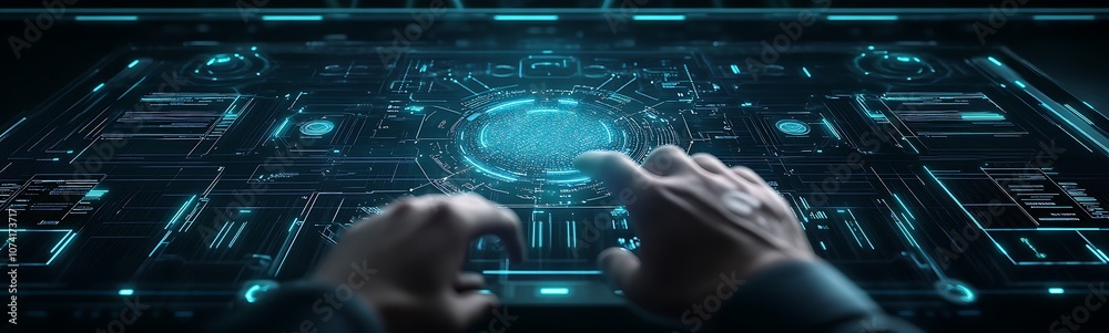 Leinwandbilder a futuristic interface with glowing data points, showcasing hands interacting with technology and ho