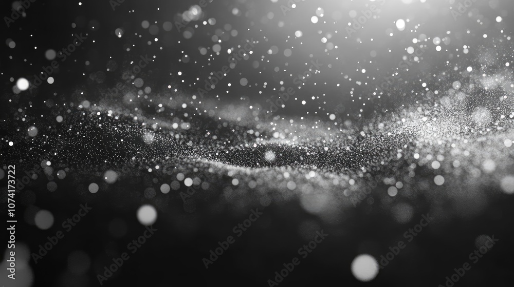 Poster Freeze motion of white particles on a black background in a 3D cartoon rendering Abstract dust overlay texture from a powder explosion