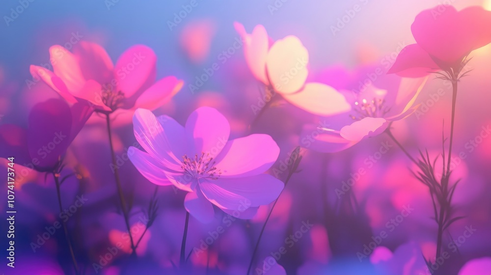 Poster Blooming cosmos flowers in motion blur with gradient filter effect depicted in 3D cartoon rendering