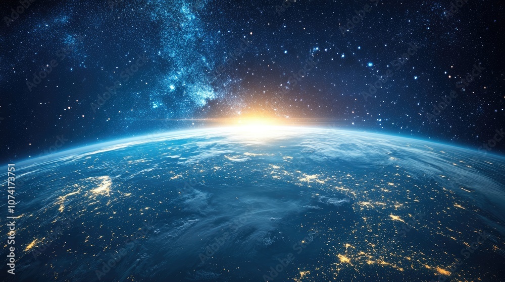 Poster cartoon rendering of earth viewed from space in 3d