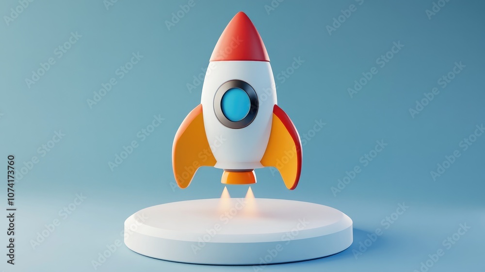 Aufkleber icon rocket on a white circle with a long shadow in a 3d cartoon rendering